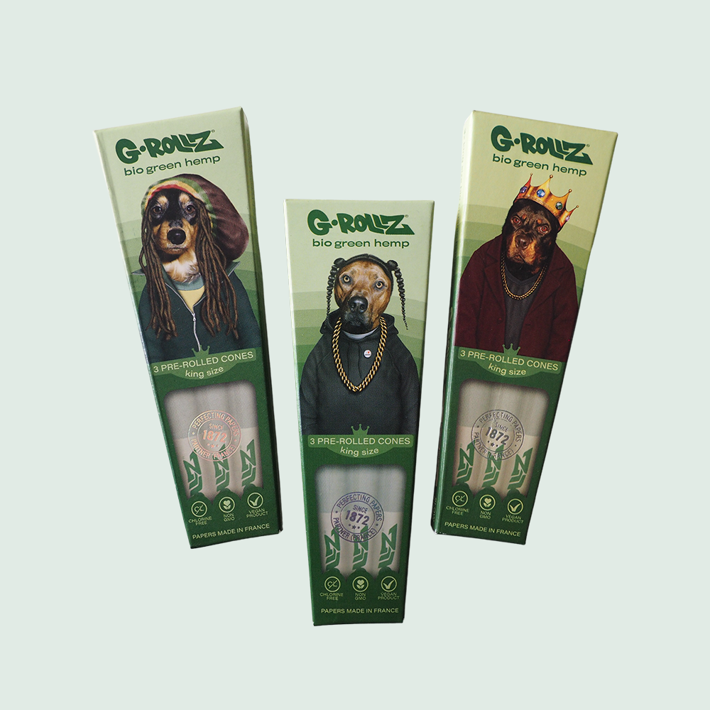 G-ROLLZ - ​​Pack de 3 Conos Preenrollados de Cáñamo Verde "PETS ROCK"